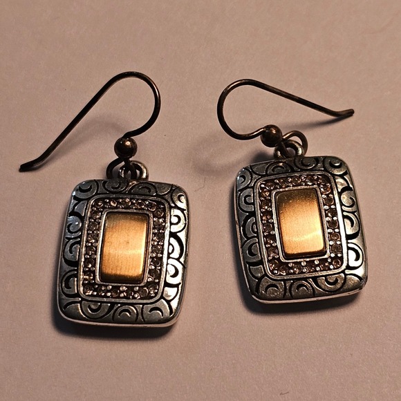 Jewelry - Brighton Rectangle Drop Earrings Silver Gold Tone Crystal Swirl Filigree